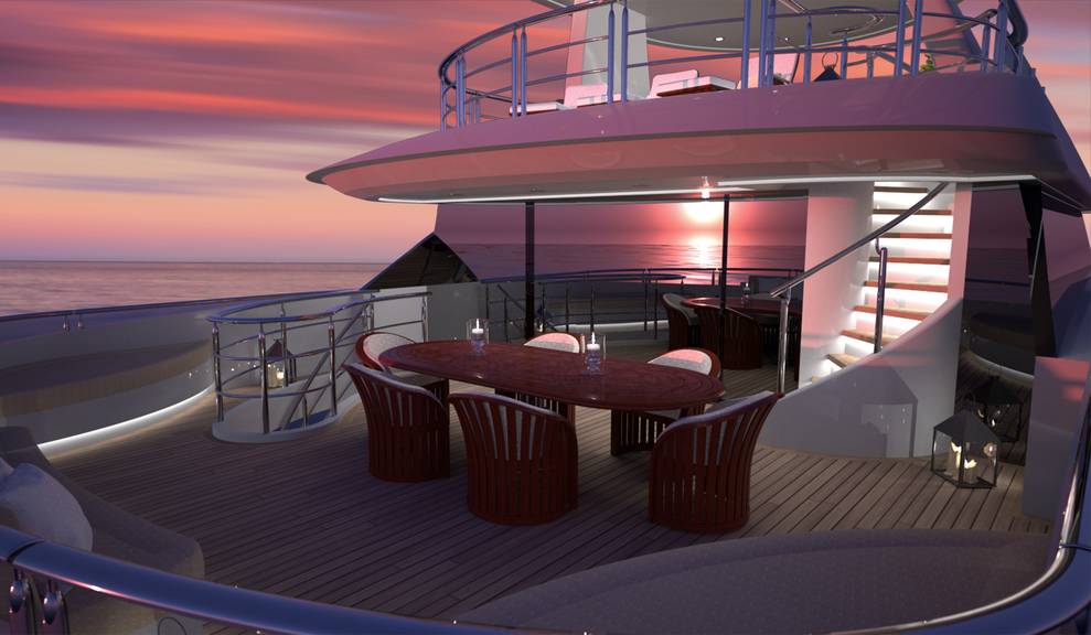 View of dining area at night on 144' Tri-Deck