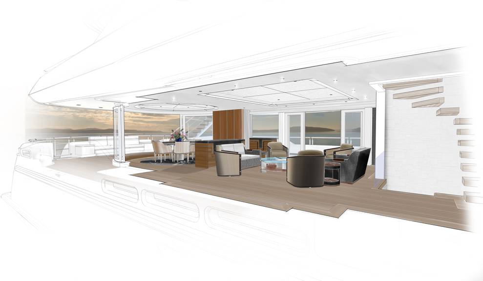 Drawing of interior gathering area on 144' Tri-Deck
