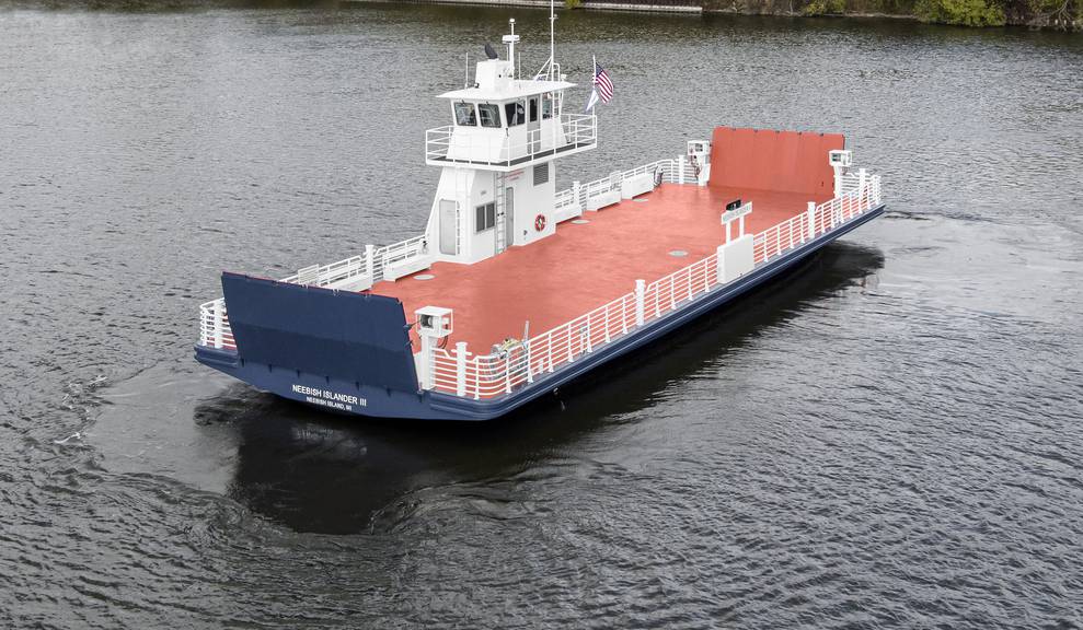 Aerial view of Neebish Islander III in Manitowoc River