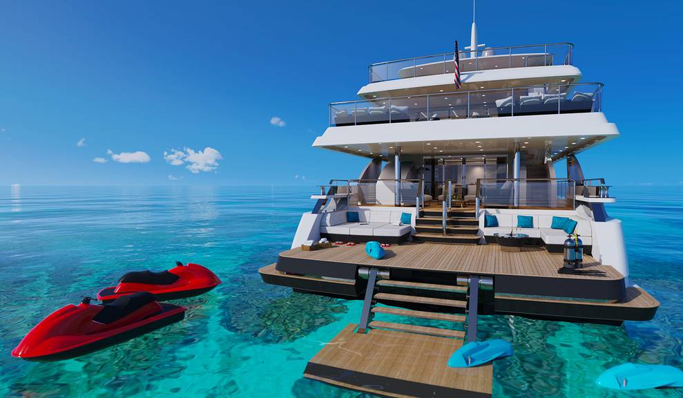 Exterior view of yacht from behind with swim platform