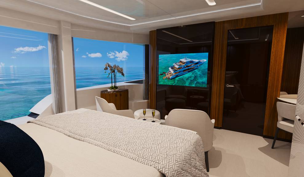 Image of bedroom with large screen TV and large windows