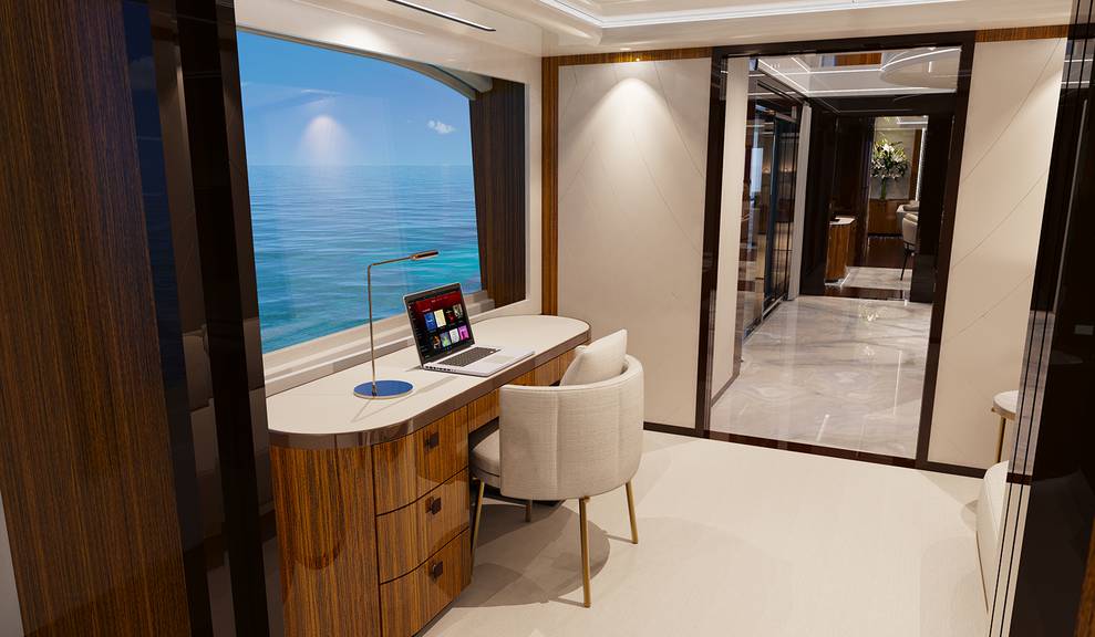 Interior view of office with wood desk