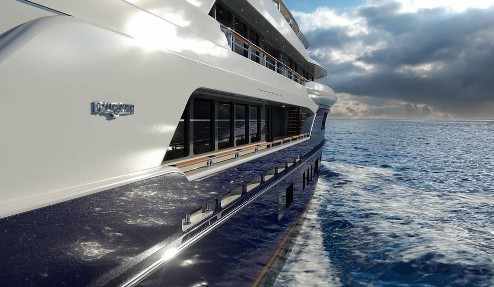 View of side of yacht with Burger logo on 214' Tri-Deck