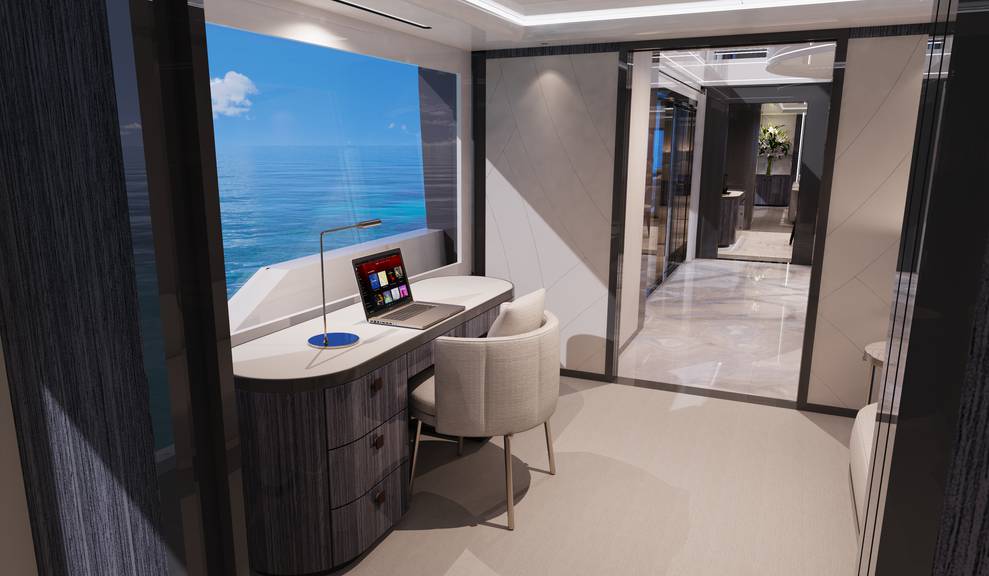 Interior view of office with wood desk