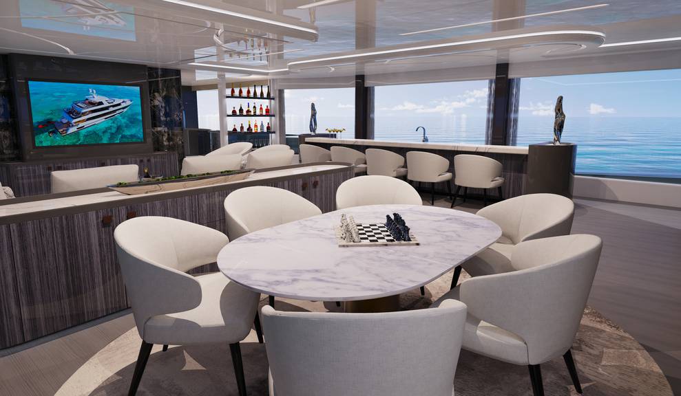 View of dining area with smaller round table and large TV.