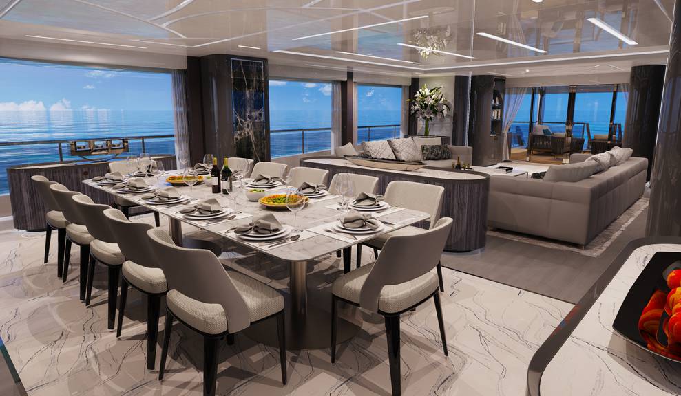 Interior view of dining area featuring long table