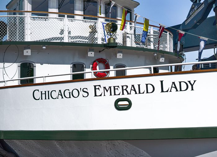 Close up view of the name printed on Chicago's Emerald Lady
