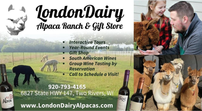 Image of advertisement for LondonDairy Alpaca Ranch with pictures of wine, alpacas, and smiling people.